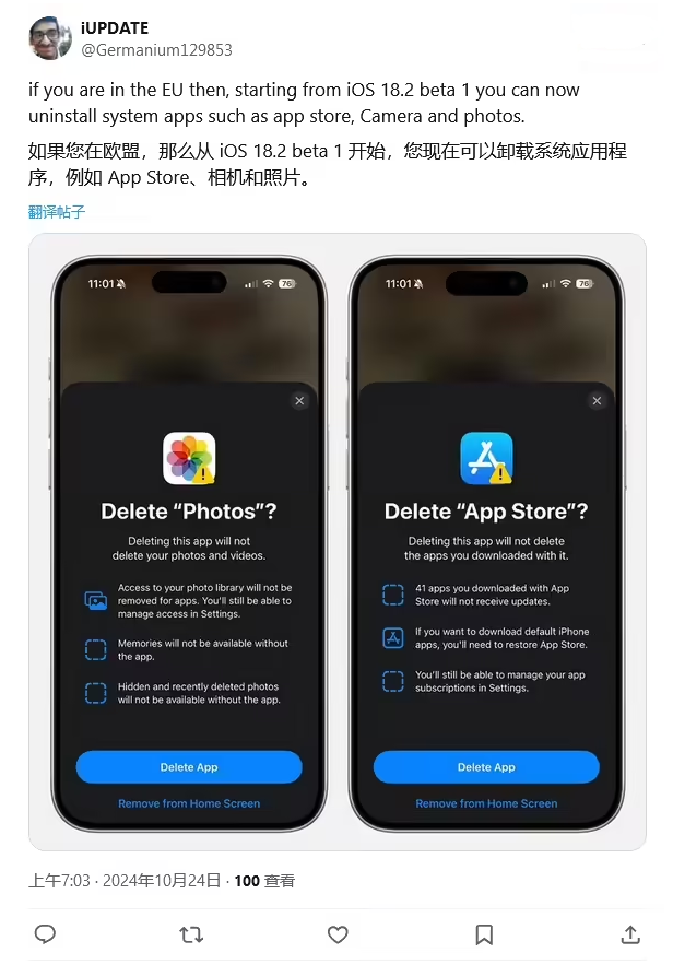 沿河苹果手机维修分享iOS 18.2 支持删除 App Store 应用商店 