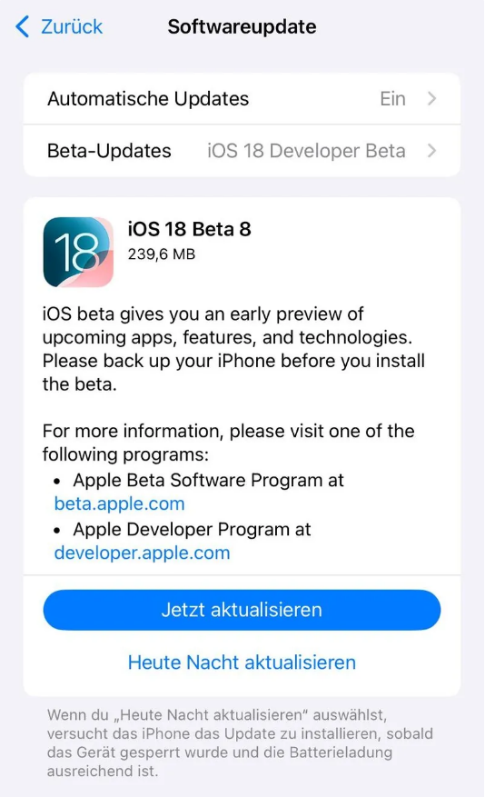 沿河苹果手机维修分享苹果 iOS / iPadOS 18 开发者预览版 Beta 8 发布 